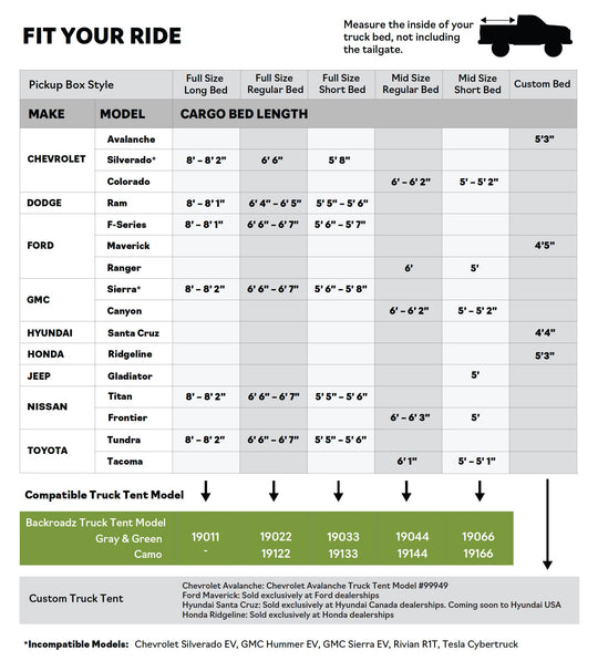 Napier Outdoors Backroadz truck tent sizing chart