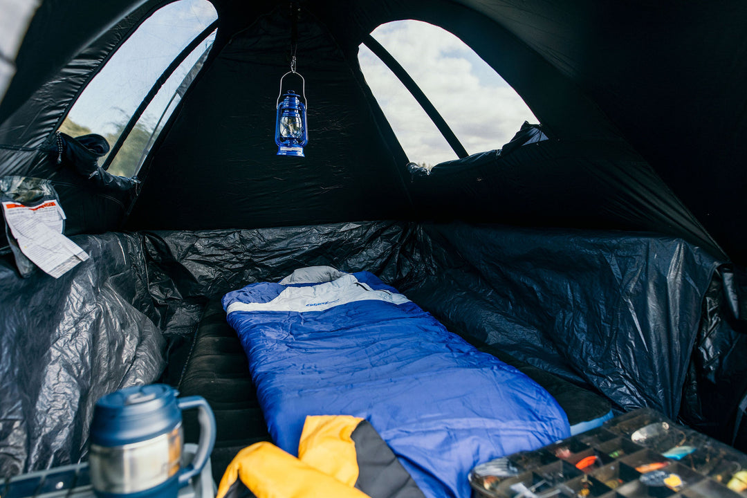 Inside of a truck tent for camping 