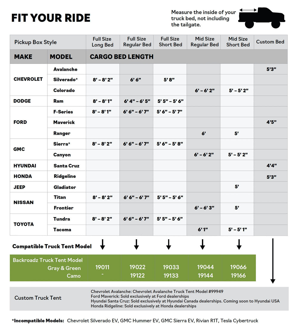 Napier Outdoors Backroadz truck tent sizing chart