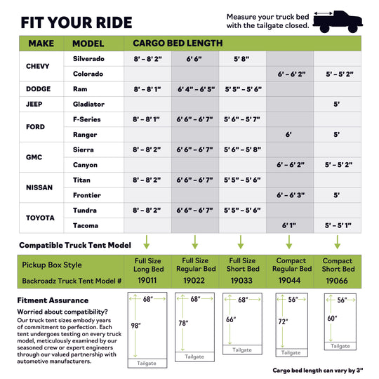 Napier Outdoors Backroadz truck tent sizing chart