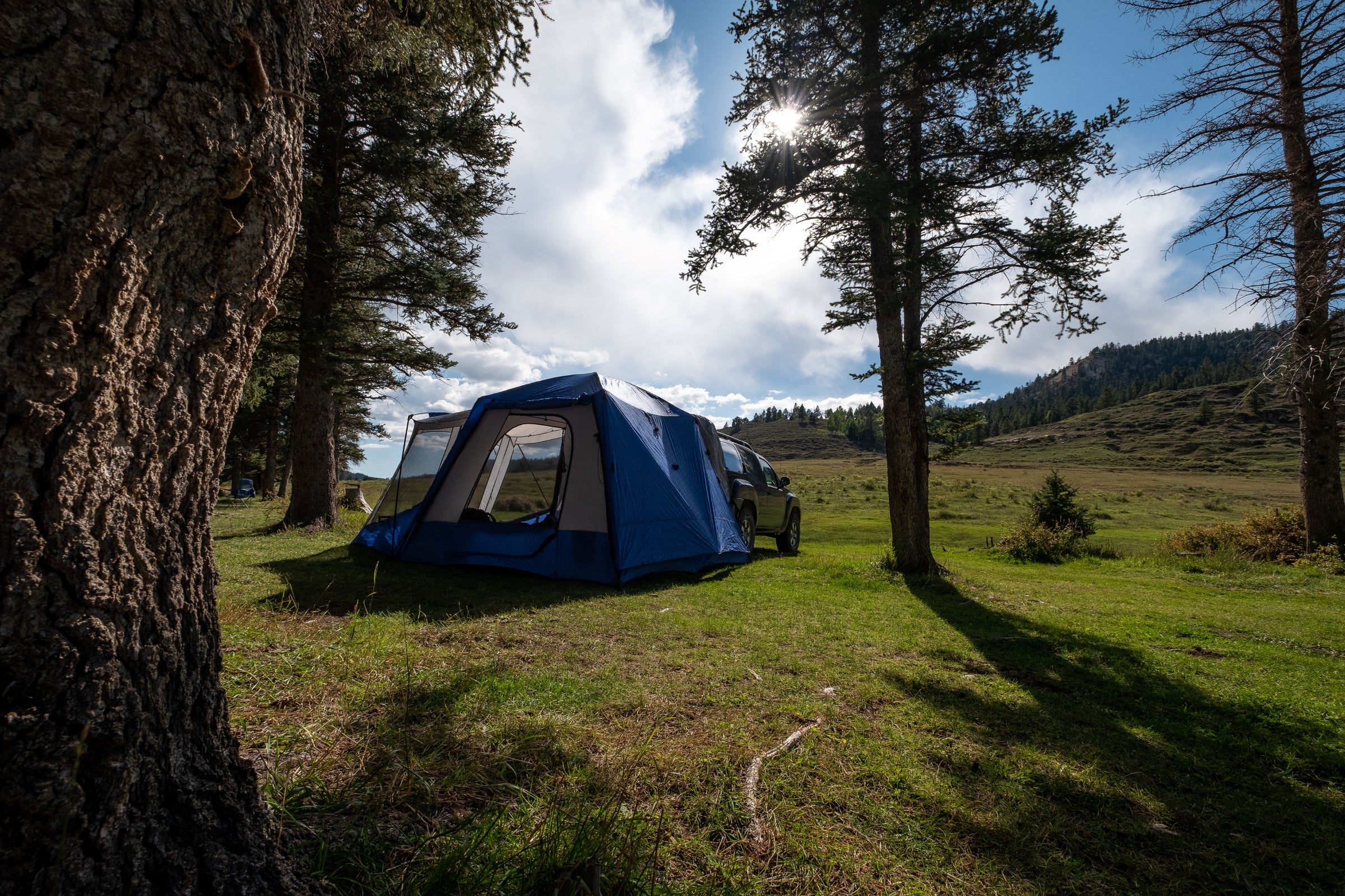 SUV tent set up in the forest for camping and overlanding