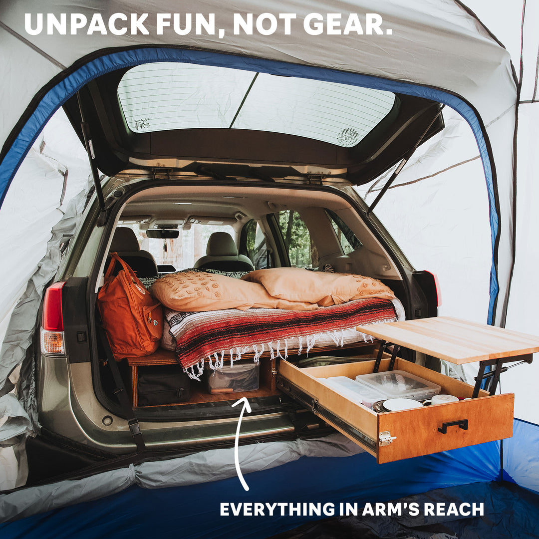 Inside view of napier outdoors sports suv tent into hatch, unpack fun not gear