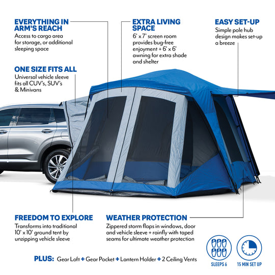 Napier outdoors sportz SUV tent with screen room model 86000 blue and grey, everything in arms reach, extra living space, easy set up, one size fits all, freedom to explore, weather protection, sleeps 6, 15 minute set up