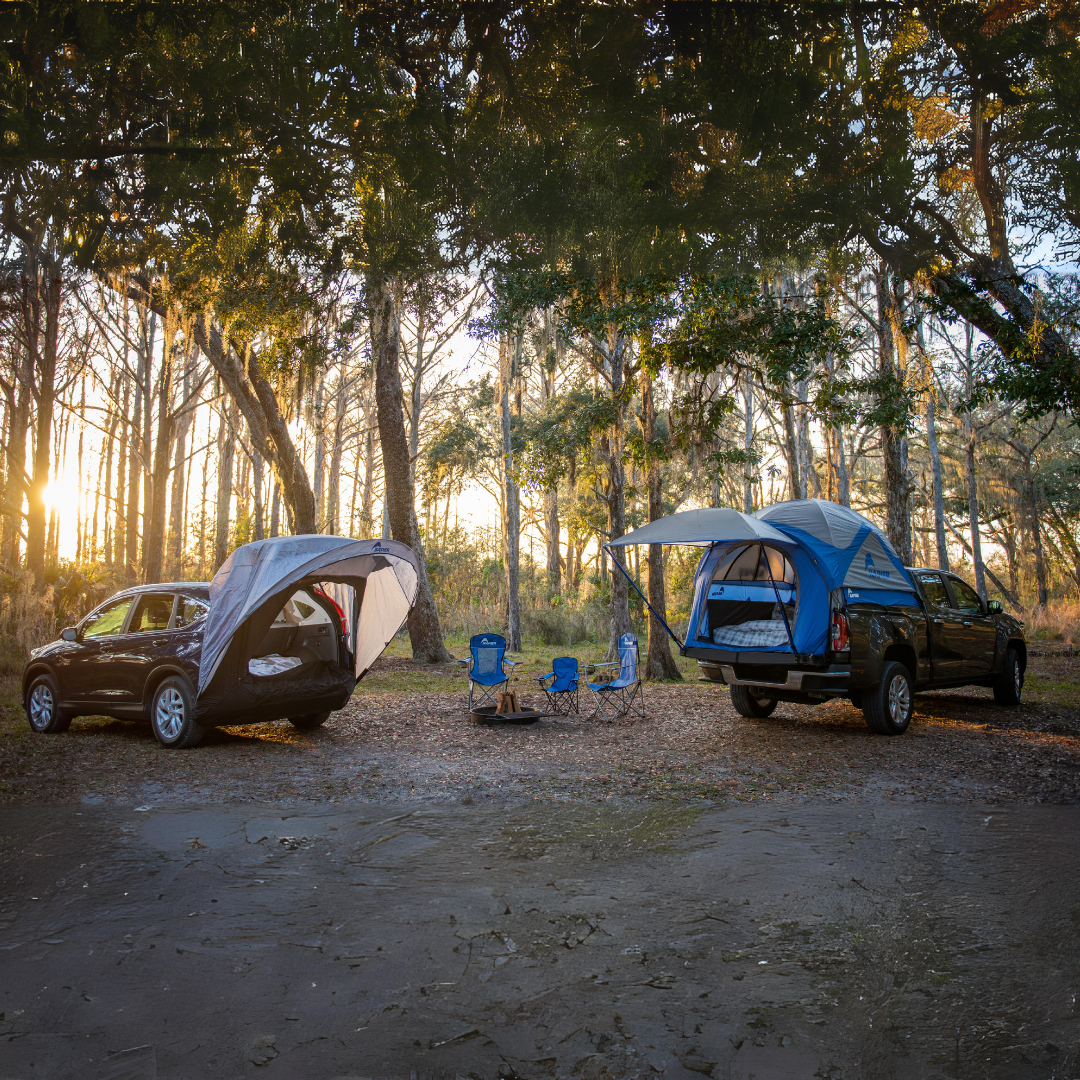 two vehicle camping set up with sportz cove awning and truck tent