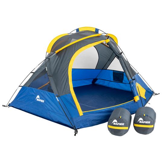 Napier outdoors lite pack with blue tent and two sleeping bags