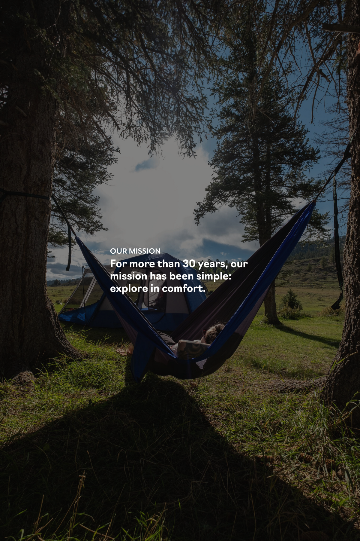 Person in hammock with text "for more than 30 years, our mission has been simple: explore in comfort"