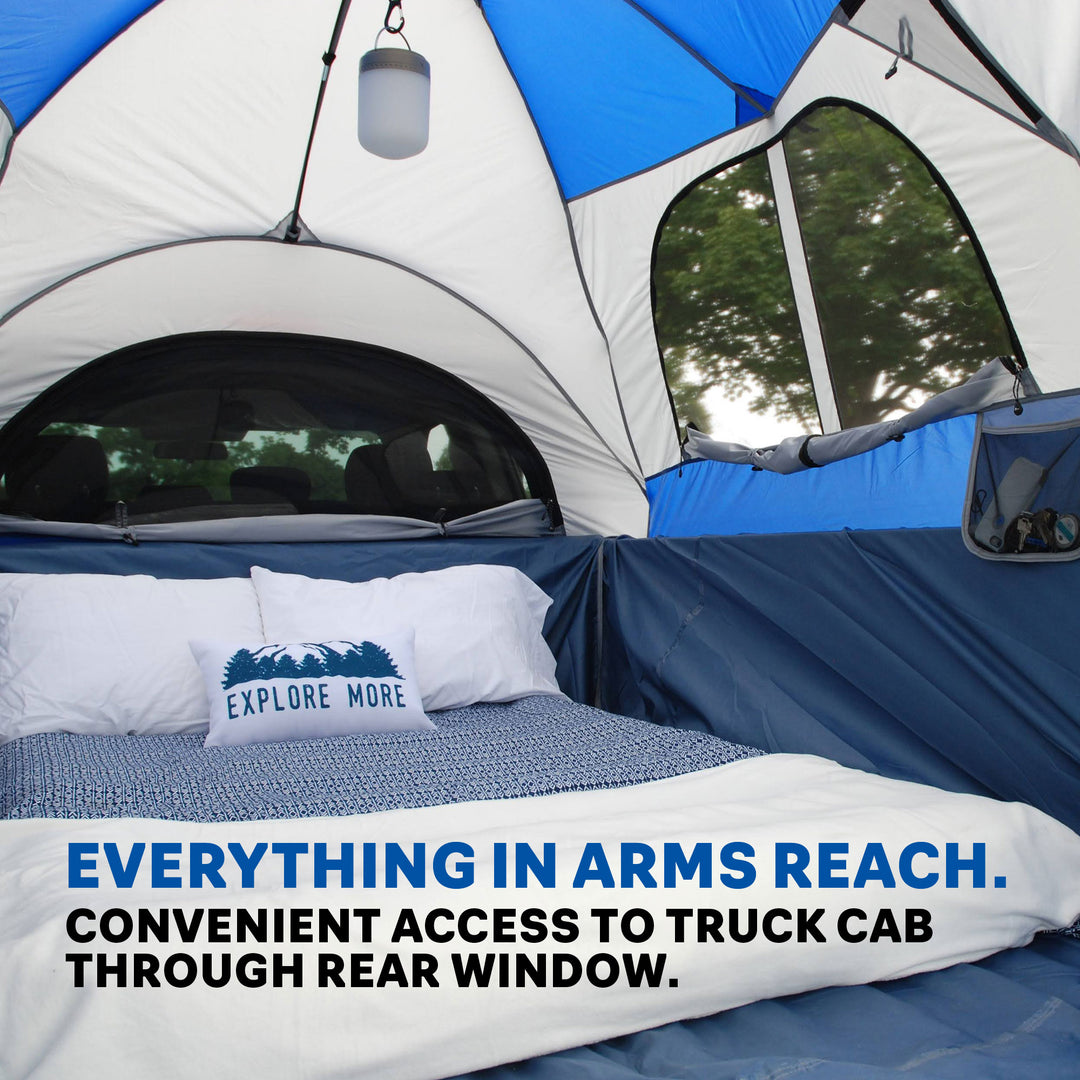 Inside of a truck tent, everything in arms reach, convenient access to truck cab through rear window