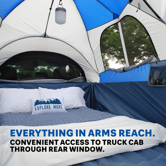 Inside of a truck tent, everything in arms reach, convenient access to truck cab through rear window