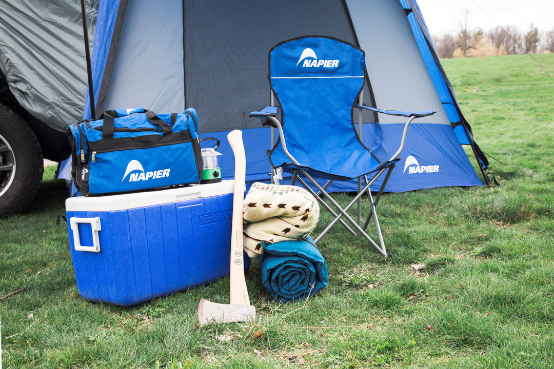 Napier Outdoors Sportz SUV Tent Blue and Grey, Napier Everyday Camping Chair, Napier Duffle Bag