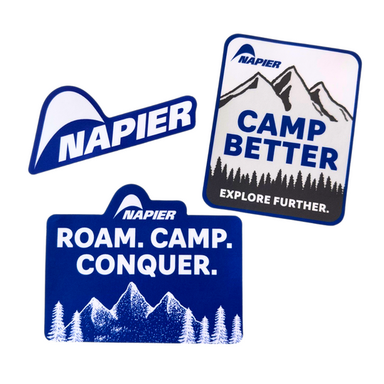 Napier Outdoors Sticker Pack, Napier Logo, Camp Better Explore Further, Roam Camp Conquer