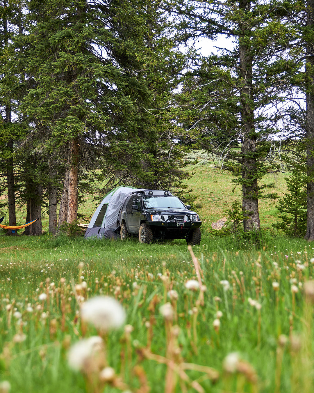 Car with SUV tent camping set up in a field