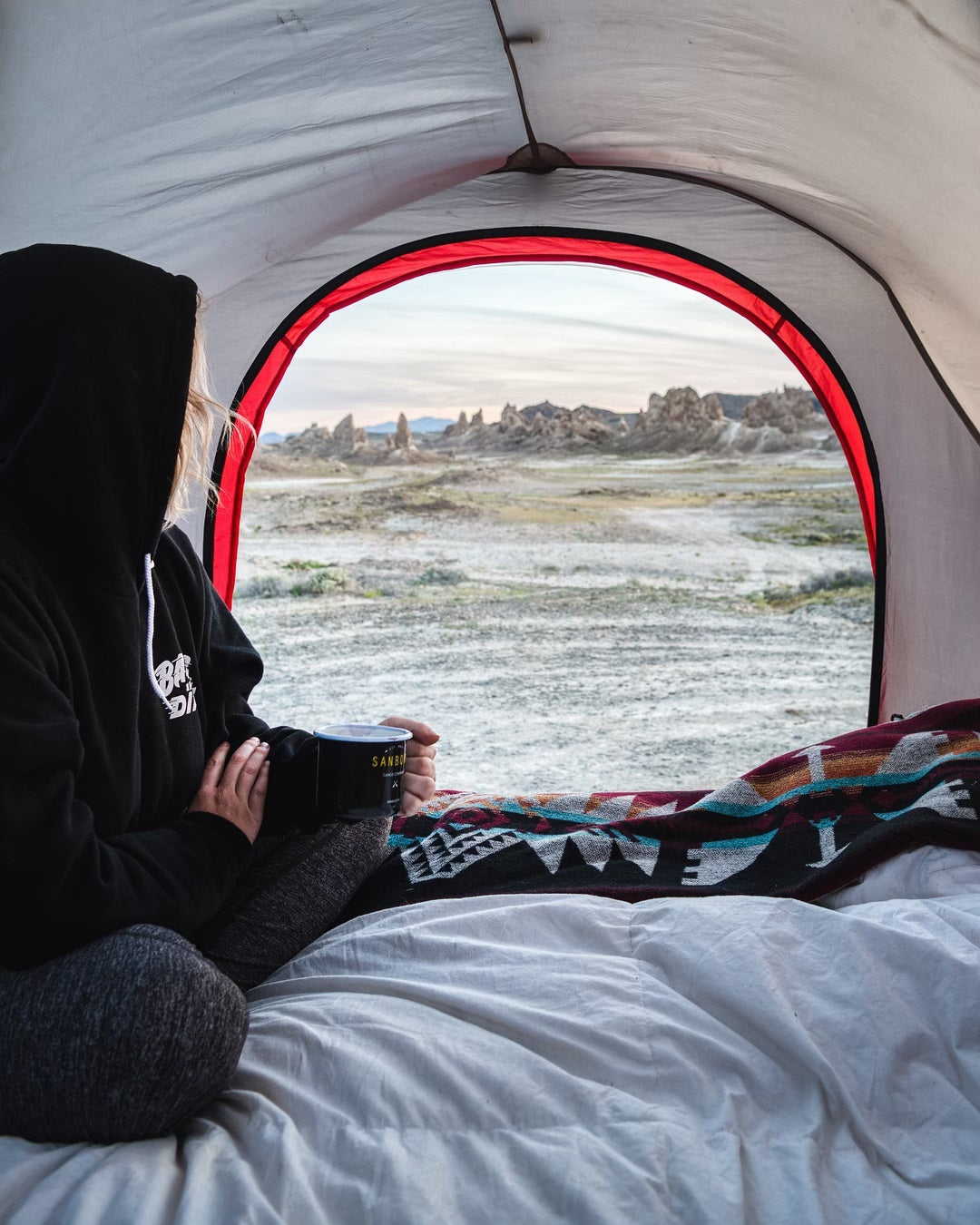 girl inside truck tent