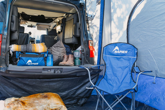 Inside of the Napier Outdoors Sportz SUV Tent Blue and Grey =